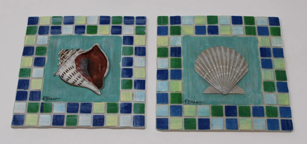 Vintage P Brent Sea Shell Mosaic Tile Wall Art Decor Plaques Conch Scallop 2